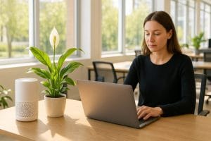 Office worker in open space using personal air purifier to reduce seasonal allergies